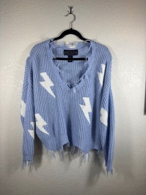 Polly & Esther Blue Lightning Bolt Distressed Sweater M